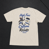 High Fives + Caffeine ivory unisex T-shirt back featuring MaxP and Wired Cafe collaboration graphic