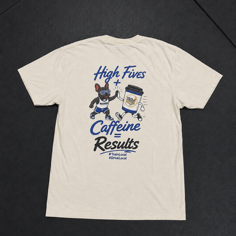 High Fives + Caffeine ivory unisex T-shirt back featuring MaxP and Wired Cafe collaboration graphic